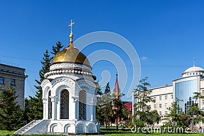 Russia, Irkutsk - July 7, 2019: Chapel-monument on the site of the destroyed cathedral in the name of the Kazan Icon of Editorial Stock Photo