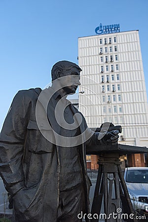 Monument to surveyors-prospectors at the Lower Quay of the Angara Editorial Stock Photo