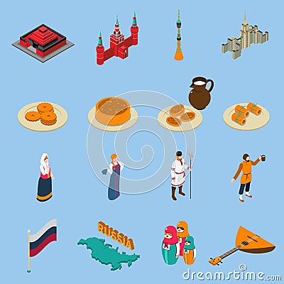 Russia Isometric Touristics Icons Set Vector Illustration