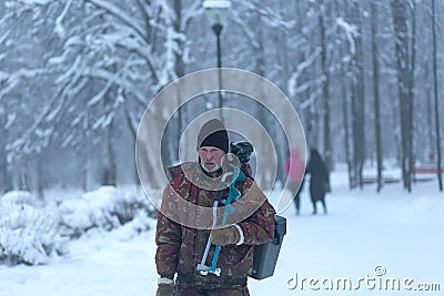 Russia Ivanovo January 23 2021 editorial Elderly man fishing tackle winter Editorial Stock Photo