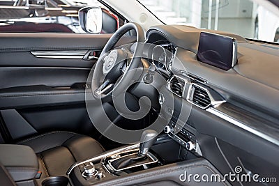 Russia, Izhevsk - August 06, 2020: Mazda showroom. Interior of new modern car Mazda CX-5. Famous world brand Editorial Stock Photo