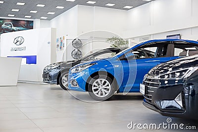 Russia, Izhevsk - January 23, 2020: New modern cars in the Hyundai showroom. Famous world brand Editorial Stock Photo