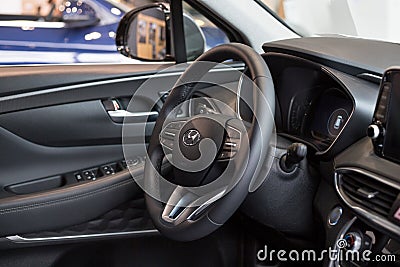 Russia, Izhevsk - October 10, 2019: Hyundai showroom. Interior of new modern Santa Fe with automatic transmission Editorial Stock Photo