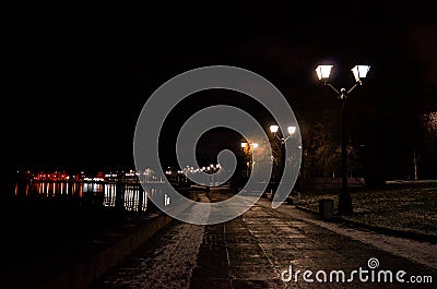 Russia. Petrozavodsk. Lake Onega in Petrozavodsk at night. November 15, 2017 Editorial Stock Photo