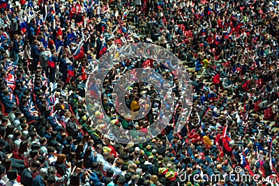 Russia, Kazan - August 27, 2019: Blurred crowd of spectators on a stadium tribune at a sporting event Editorial Stock Photo