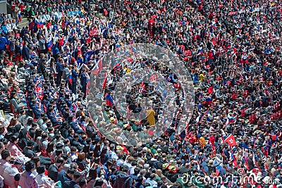 Russia, Kazan - August 27, 2019: crowd of spectators on a stadium tribune at a sporting event Editorial Stock Photo