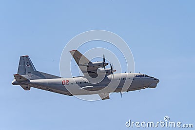 Russia, Khabarovsk - May 9, 2020: An-12D military transport aircraft . Parade in Editorial Stock Photo