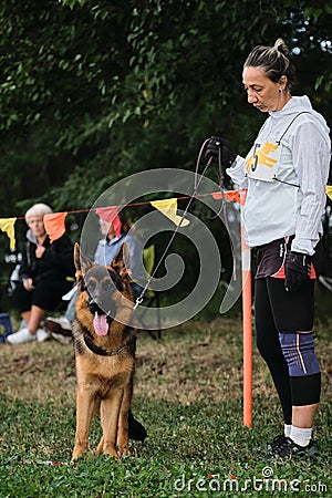 4.09.21 Russia Krasnodar dog show of the German Shepherd breed. Handler put dog puppy at exhibition in stand. Front view of happy Editorial Stock Photo