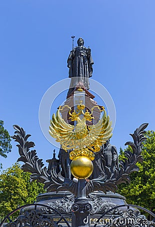 Russia, Krasnodar, monument to Catherine II, Golden coat of arms of Russia double-headed eagle Editorial Stock Photo