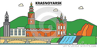 Russia, Krasnoyarsk. City skyline, architecture, buildings, streets, silhouette, landscape, panorama, landmarks Vector Illustration