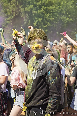 Russia, Krasnoyarsk, June 2019: people at the festival of colors Holi Editorial Stock Photo