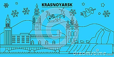 Russia, Krasnoyarsk winter holidays skyline. Merry Christmas, Happy New Year decorated banner with Santa Claus.Russia Vector Illustration