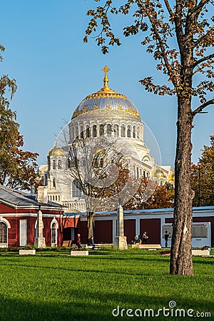 Russia, Kronstadt, September 2020. View of the Naval Cathedral from the historical park. Editorial Stock Photo
