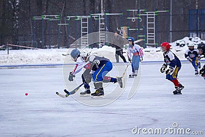 RUSSIA, LIKINO-DULEVO - DECEMBER 03, 2017: Moscow region bandy championship. BC Rusich - BC Vympel 4:3 Editorial Stock Photo