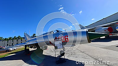 Russia Mig-21 Flying Balalaika on display at Pearl Habor Pacific Aviation Museum Editorial Stock Photo