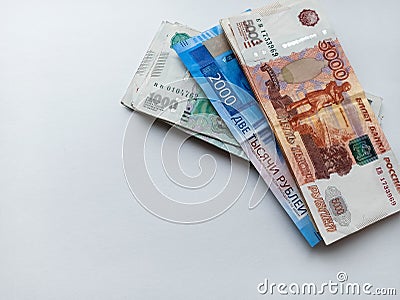 Russia money background. Heap of rubble banknotes. Currency top view. Money background with close up of russian Ruble. Economic, f Stock Photo