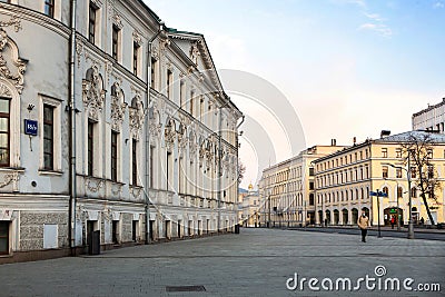 Russia, Moscow, April 2020. Empty streets of the city. Quarantine in Moscow. Rare passers-by. City center, Vozdvizhenka street Editorial Stock Photo