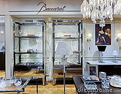 Exquisite interior of Baccarat boutique with crystal glassware in TSUM luxury shopping center, Moscow Editorial Stock Photo