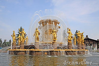 Russia. Moscow. Fountain `Friendship of peoples` in Exhibition of Achievements of National Economy. Editorial Stock Photo