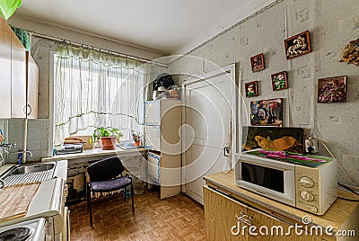 Russia, Moscow- January 27, 2020: interior room apartment decrepit old careless not modern setting. cosmetic repairs required Editorial Stock Photo