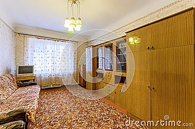 Russia, Moscow- January 27, 2020: interior room apartment decrepit old careless not modern setting. cosmetic repairs required Editorial Stock Photo