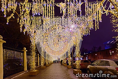 Russia, Moscow, January 07, 2020: Kitaygrodsky passage, arch of lights, a street decorated for the New Year holidays Editorial Stock Photo