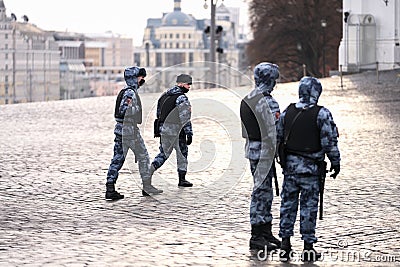 Russia, Moscow, January 25, 2021: resguardar patrol Red Square during the coronavirus pandemic. Selective focus Editorial Stock Photo