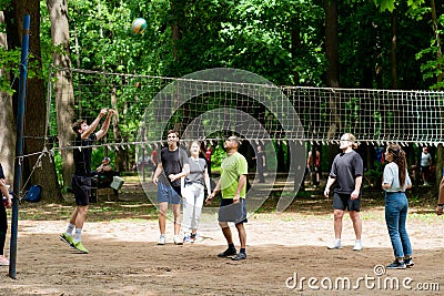 RUSSIA, MOSCOW - june 04, 2022: People day play volleyball travel forest woman sport tourism happy, concept healthy Editorial Stock Photo