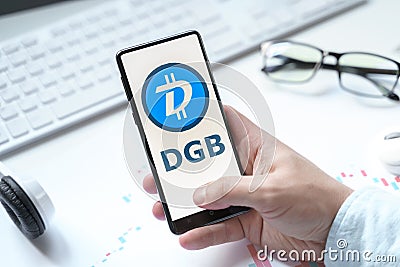 Russia Moscow 08.06.2021. Logo of cryptocurrency Digibyte, DGB crypto coin,token in mobile phone. Public decentralized payment Editorial Stock Photo