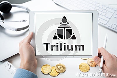 Russia Moscow 05.05.2021. Man holding tablet with logo of token Trilium TLM. Gaming platform Alien Worlds.Crypto coins WAX,mining Editorial Stock Photo