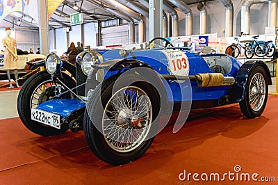 Russia, Moscow, March 8, 2020. Exhibition of vintage cars. Vintage sports racing car at the exhibition Editorial Stock Photo