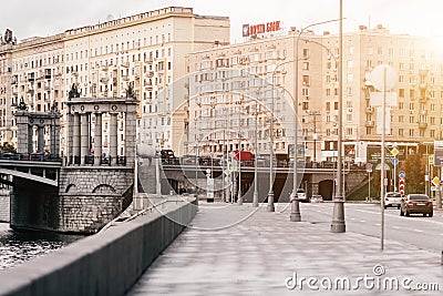 RUSSIA, MOSCOW, OCTOBER 13, 2017: Cityscape of the city. Summer season. Editorial image.Retro style image with glare of Editorial Stock Photo