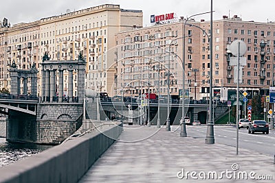 Russia, Moscow, october 13, 2017: Cityscape of the city. Summer season. Editorial image Retro style image with glare of Editorial Stock Photo