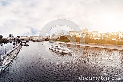 RUSSIA, MOSCOW, OCTOBER 13, 2017: Cityscape of the city. Summer season. Editorial image.Retro style image with glare of Editorial Stock Photo