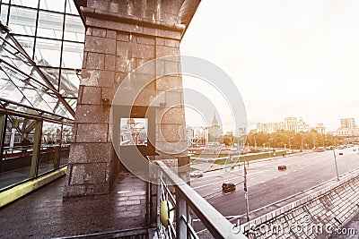 RUSSIA, MOSCOW, OCTOBER 13, 2017: Cityscape of the city. Summer season. Editorial image.Retro style image with glare of Editorial Stock Photo