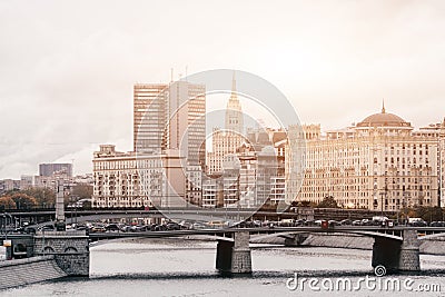 RUSSIA, MOSCOW, OCTOBER 13, 2017: Cityscape of the city. Summer season. Editorial image.Retro style image with glare of Editorial Stock Photo