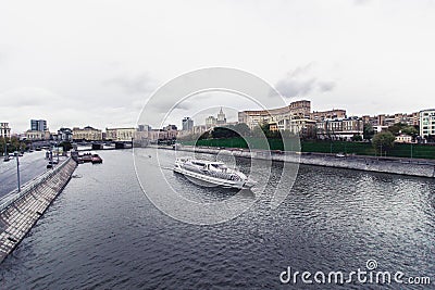 Russia, Moscow, october 13, 2017: Cityscape of the city. Summer season. Editorial image Retro style image with glare of Editorial Stock Photo