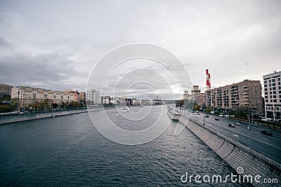 Russia, Moscow, october 13, 2017: Cityscape of the city. Summer season. Editorial image Retro style image with glare of Editorial Stock Photo