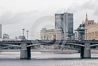 Russia, Moscow, october 13, 2017: Cityscape of the city. Summer season. Editorial image Retro style image with glare of Editorial Stock Photo