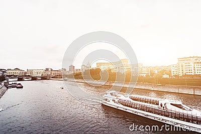 RUSSIA, MOSCOW, OCTOBER 13, 2017: Cityscape of the city. Summer season. Editorial image.Retro style image with glare of Editorial Stock Photo