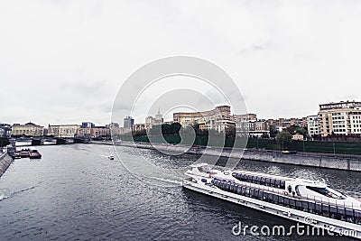 Russia, Moscow, october 13, 2017: Cityscape of the city. Summer season. Editorial image Retro style image with glare of Editorial Stock Photo