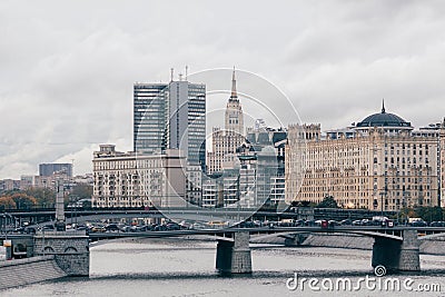 Russia, Moscow, october 13, 2017: Cityscape of the city. Summer season. Editorial image Retro style image with glare of Editorial Stock Photo