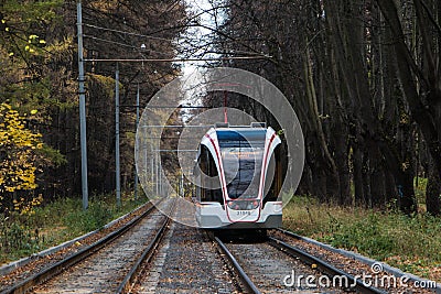 Russia, Moscow, October 22, 2017: Moscow trams in Izmailovo in the autumn season Editorial Stock Photo