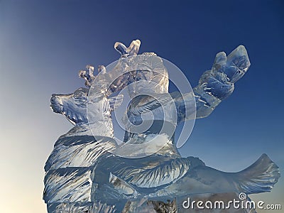 Russia, Moscow region, December 2021. Ice sculptures in Patriot Park. Ice girl rides a deer. sunny winter day Editorial Stock Photo