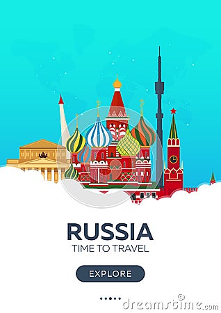 Russia. Moscow. Time to travel. Travel poster. Vector flat illustration. Cartoon Illustration