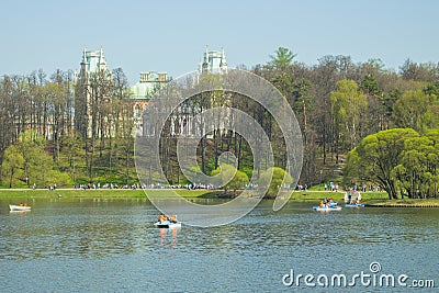 01-05-2018, Russia, Moscow, Tsaritsyno Park Manor, traditional recreation in the park, skiing on Catamaran pedal pleasure on the Editorial Stock Photo