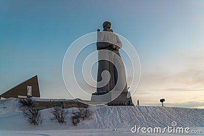 Monument to the defenders of the Arctic in Murmansk, as it looks in January Editorial Stock Photo