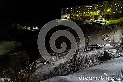 Winter views of the districts and landscapes of the surroundings of the city of Polyarny. Stock Photo