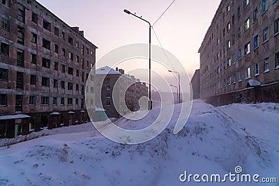 Winter views of the districts and landscapes of the surroundings of the city of Polyarny. Stock Photo