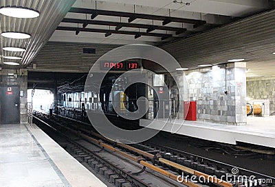 empty subway tunnel with rails in the passenger transport room at the station Editorial Stock Photo